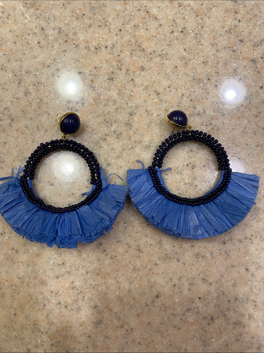Vineyard Vines Blue Raffia Fringe Hoop Earrings